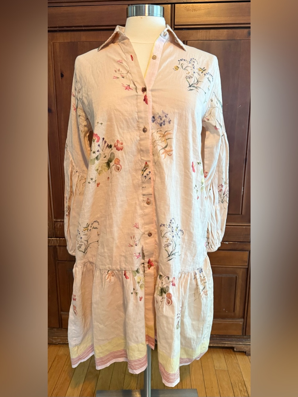 MANAN Watercolour Floral Linen Blend Shirt Dress Small Cottagecore Botanical